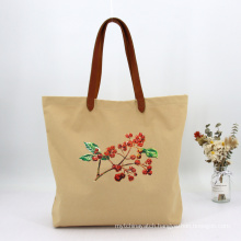 Embroidery Cotton Canvas Reusable Heavy Duty Shopping Grocery Canvas Tote Bag Handbag with Leather Handle